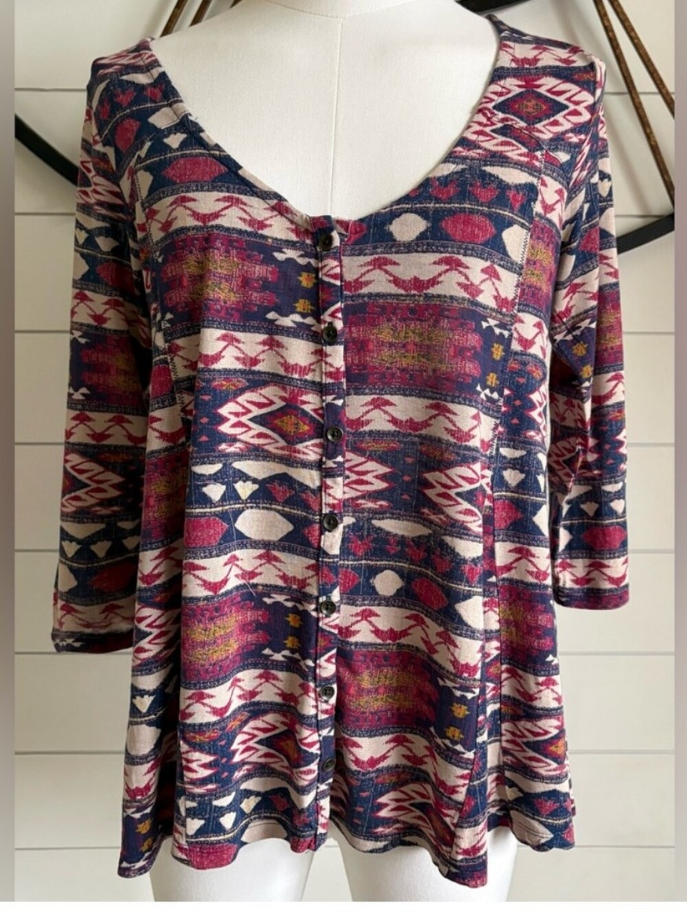 Lucky Y2K Boho Actez Print Button-Down Flared Shirt W Scoop Neck &3/4 Sleeve.